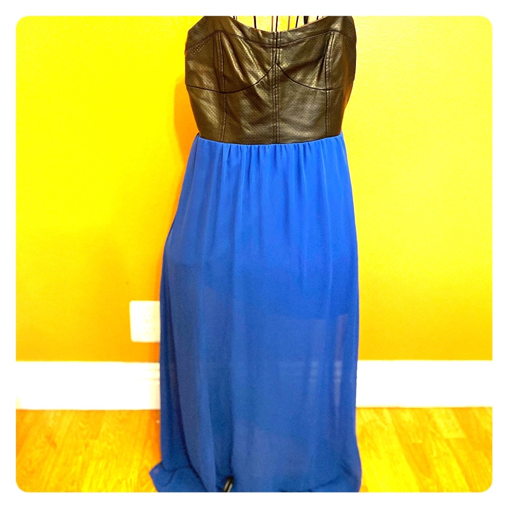 Black Faux Leather and Blue Sheer Dress